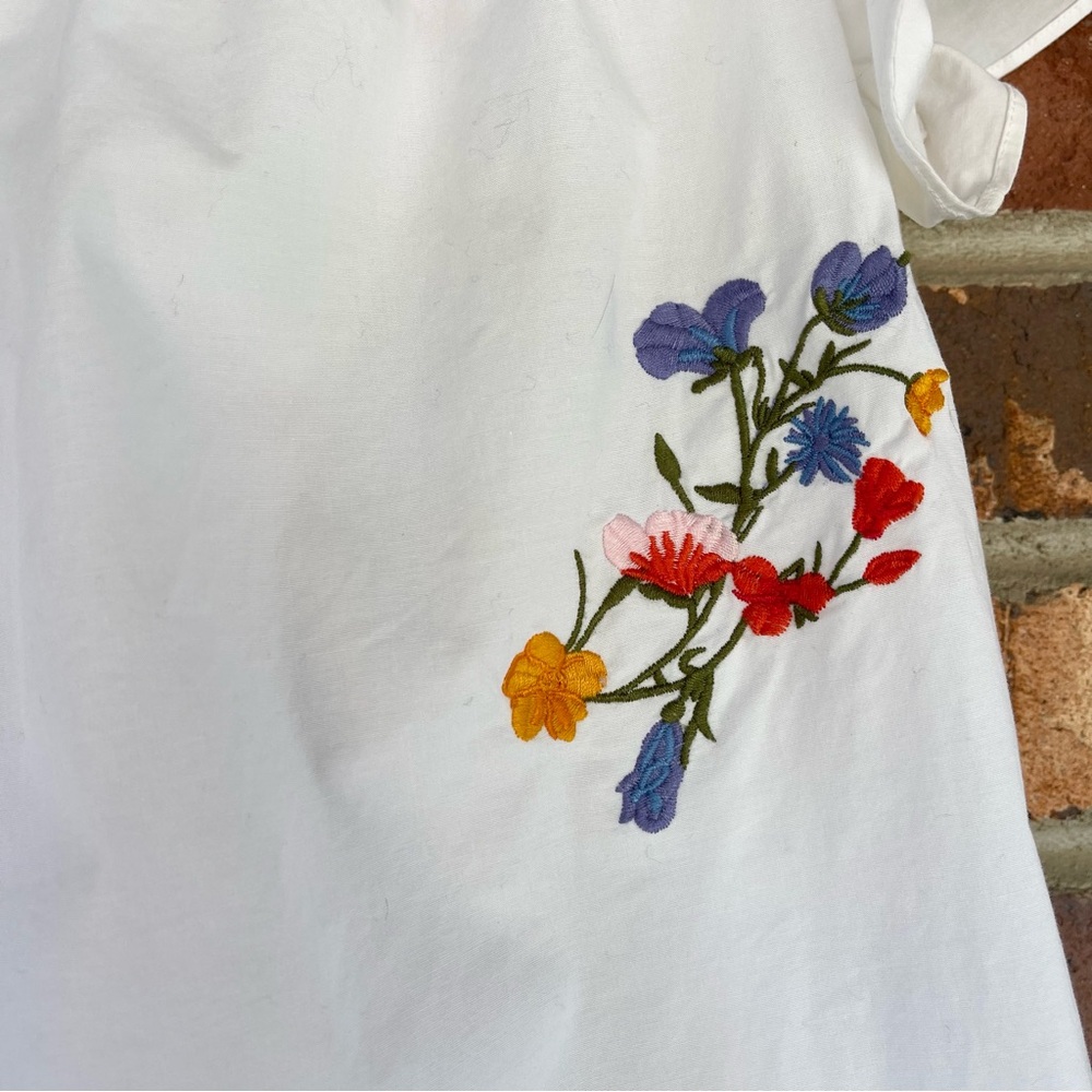 Tory Burch Eliza Off Shoulder Smocked Embroidered White Poplin Floral Top Size 8 - Picture 5 of 10